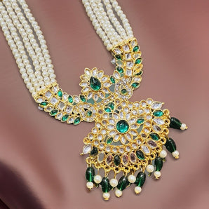 Aanandita Golden Green Pearl Rani Haar With Mangtika Earring Jewellery Set